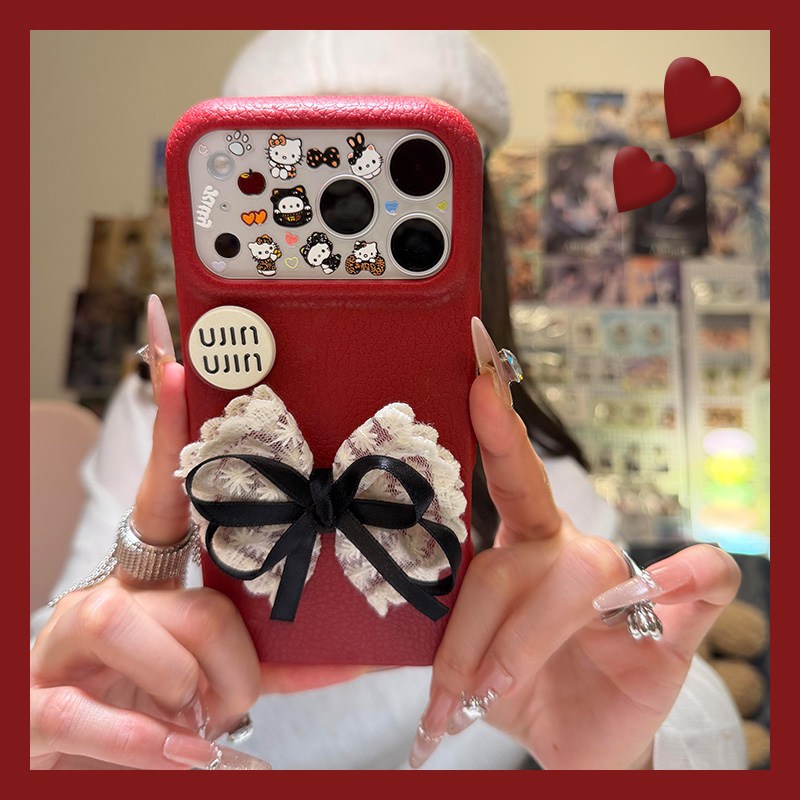 手机壳仿皮皮纹红色蕾丝蝴蝶结