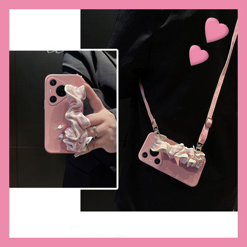 手机壳硅胶ins风纹褶皱手腕腕带带斜跨挂绳