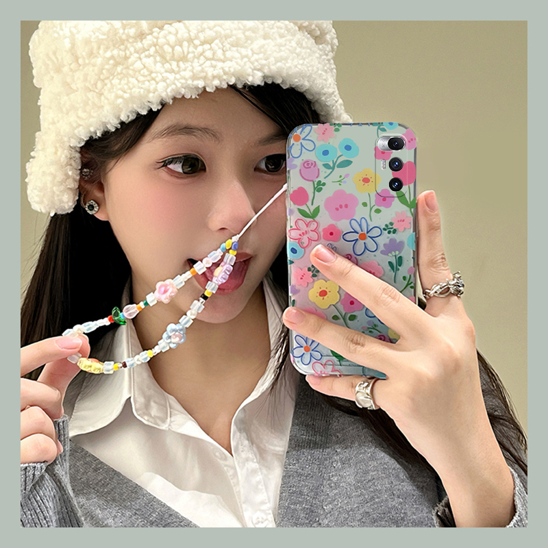 手机壳硅胶ins风小清新彩色花朵带手绳手链