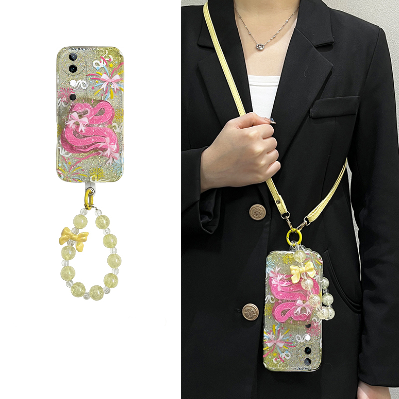 手机壳硅胶新年蛇年闪粉蛇支架旋转斜跨挂绳