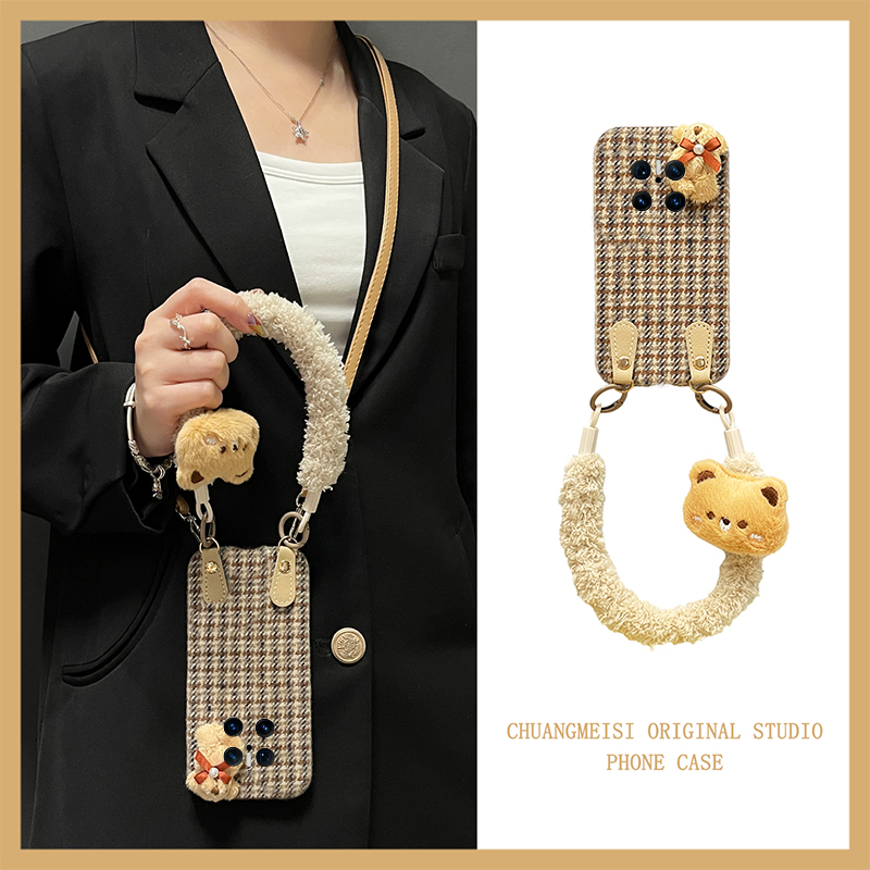 适用华为mate70pro+手机壳mete60千鸟格kt猫40可斜挎rs保时捷版毛绒30绒布20x挂绳m60冬季mata40e秋冬可爱50