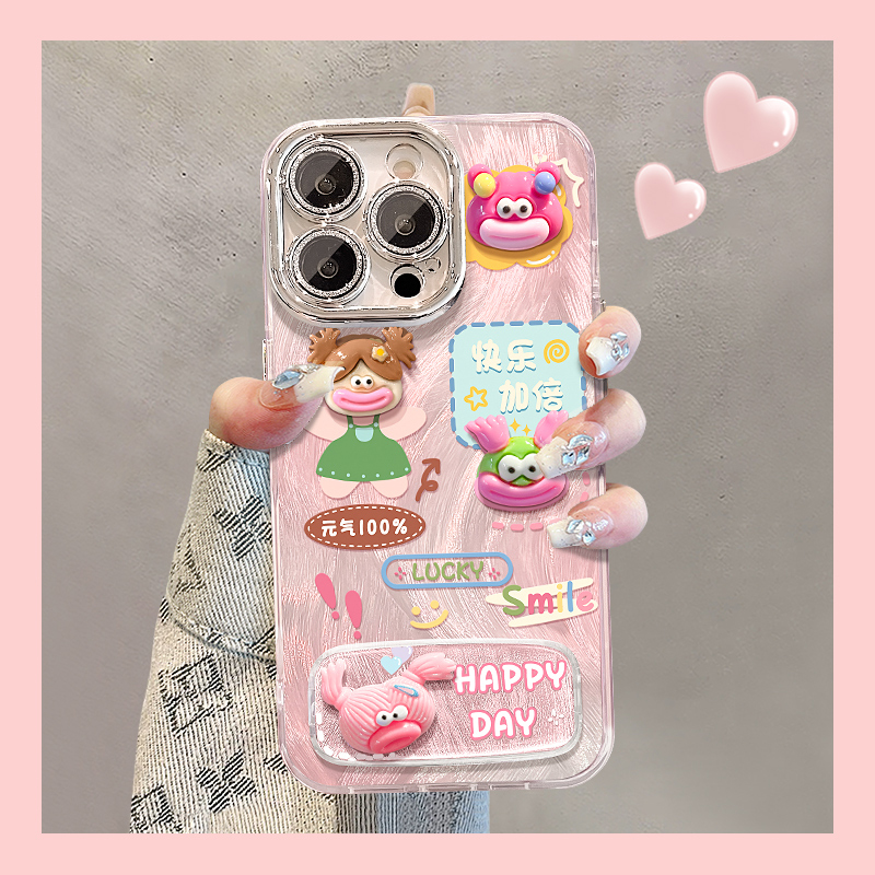 手机壳立体搞怪香肠嘴辫子女孩带镜子支架