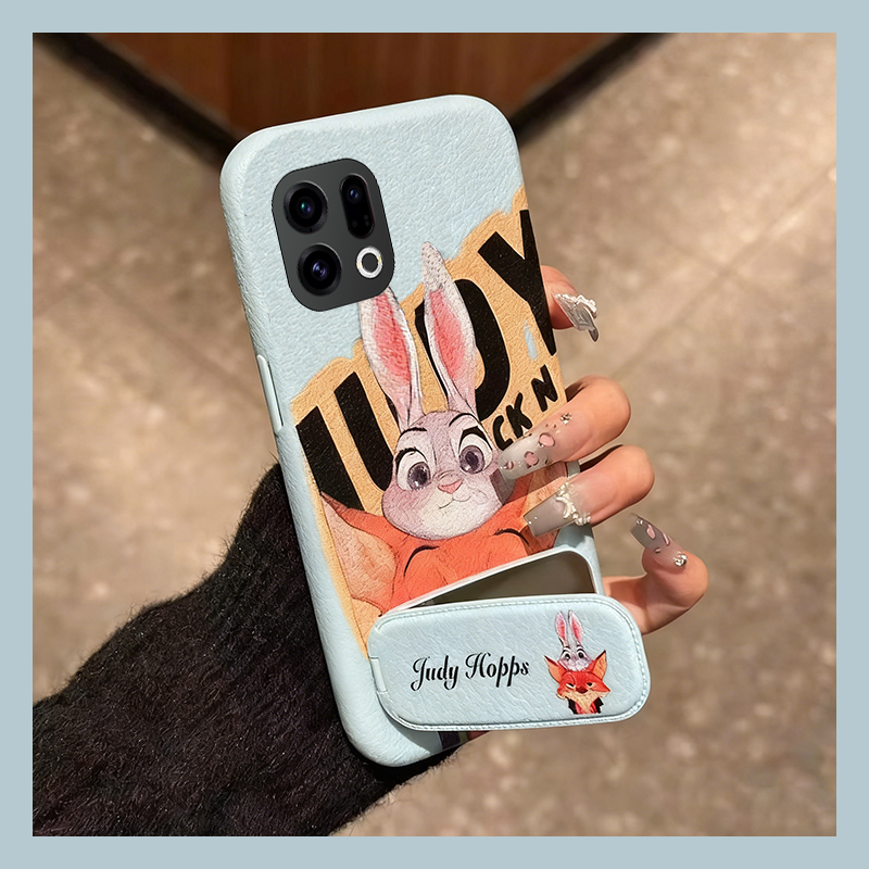 手机壳仿皮皮纹卡通情侣朱迪尼克带镜子支架