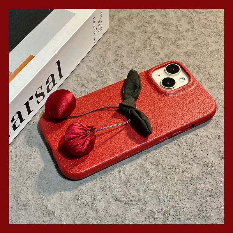 手机壳仿皮新年红色立体樱桃吊坠