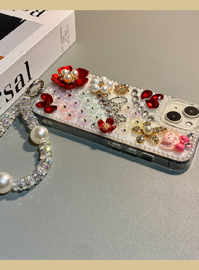 珍珠红色宝石适用opporeno15手机壳reno14立体reon13pro+水钻12花朵11女孩10韩系9高级感ace2透明7se十oppo女