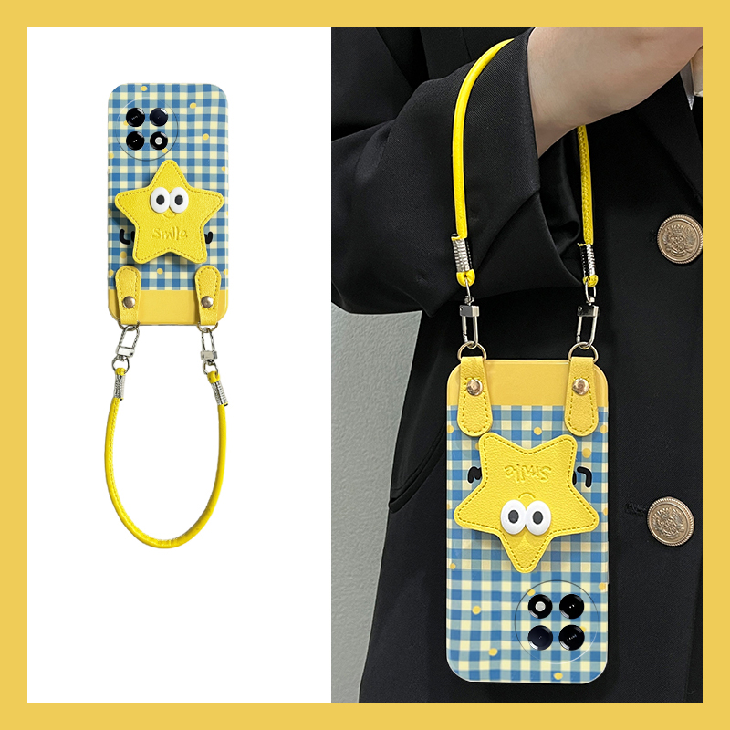 手机壳格子立体卡通星星支架带手提绳斜跨绳