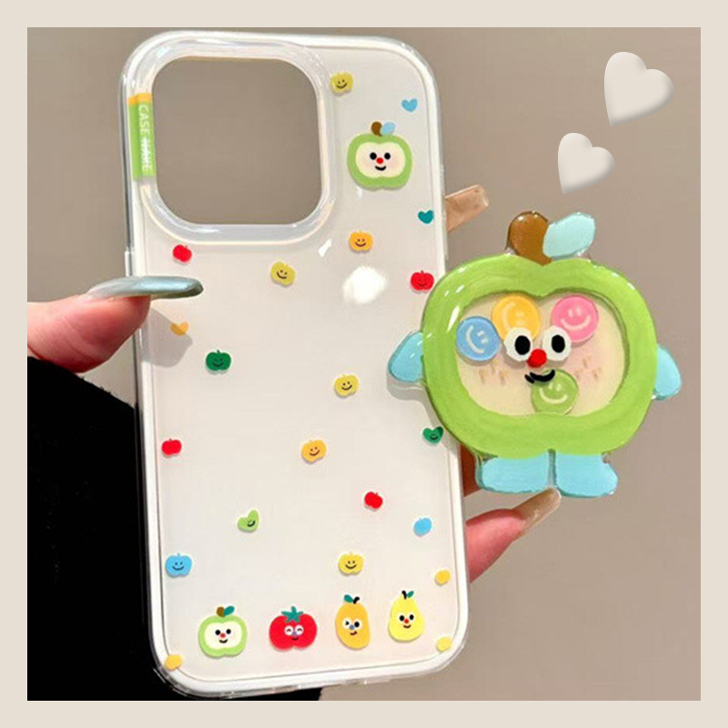 手机壳卡通呆萌绿色立体摇摇乐苹果小人支架