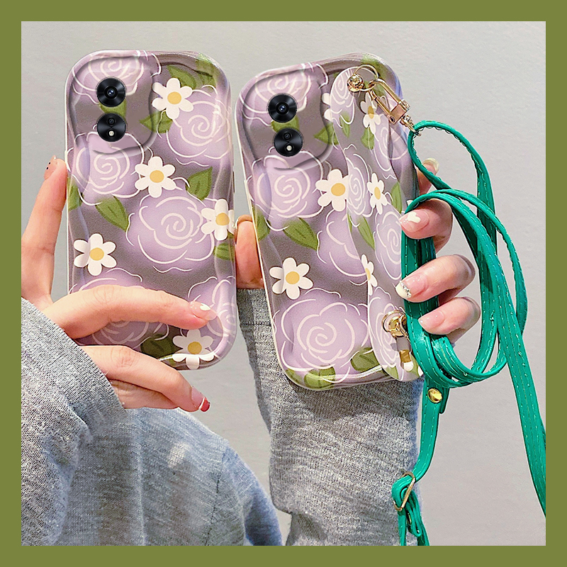 手机壳ins风小清新绿色花朵带腕带斜跨挂绳