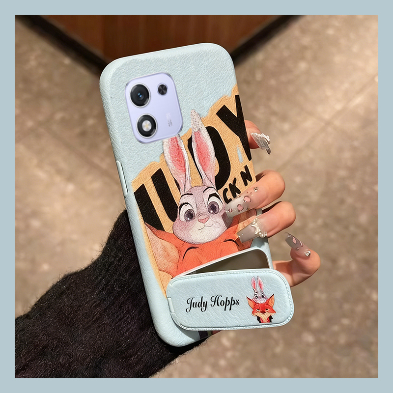 手机壳仿皮皮纹卡通情侣朱迪尼克带镜子支架