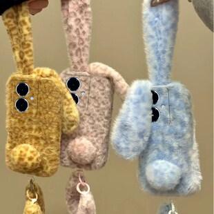 豹纹兔子耳朵适用vivoy500pro手机壳y50m秋冬y300gt毛茸茸y200t手腕带y100i毛绒y77e卡通y78 立体y93s十vivo