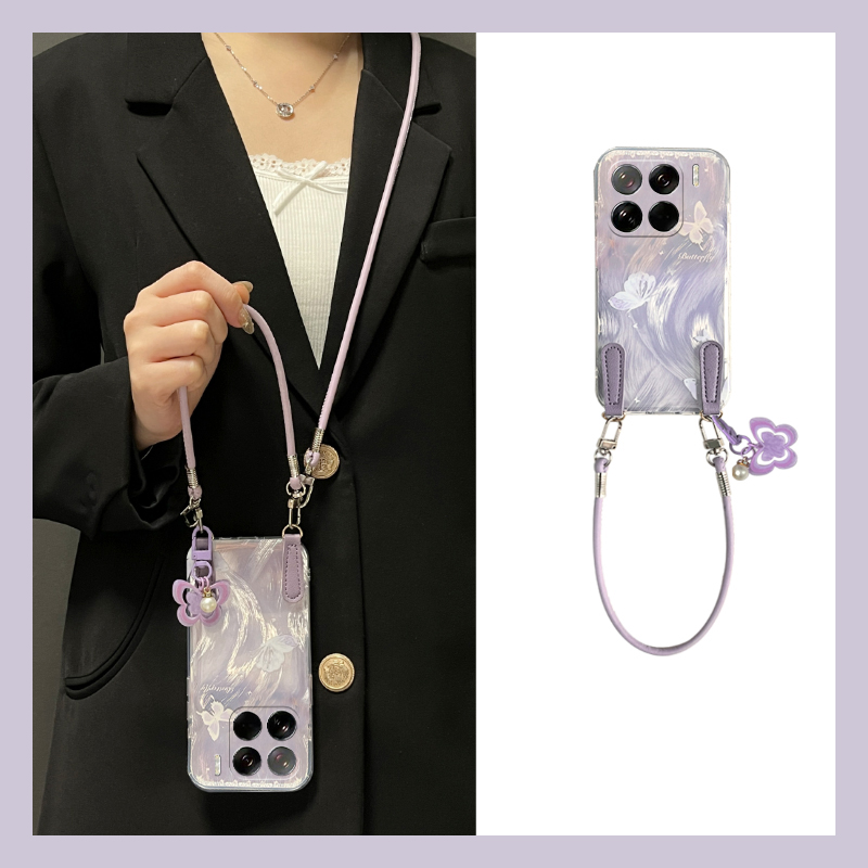手机壳晕染紫色蝴蝶带挂件手提绳斜跨挂绳