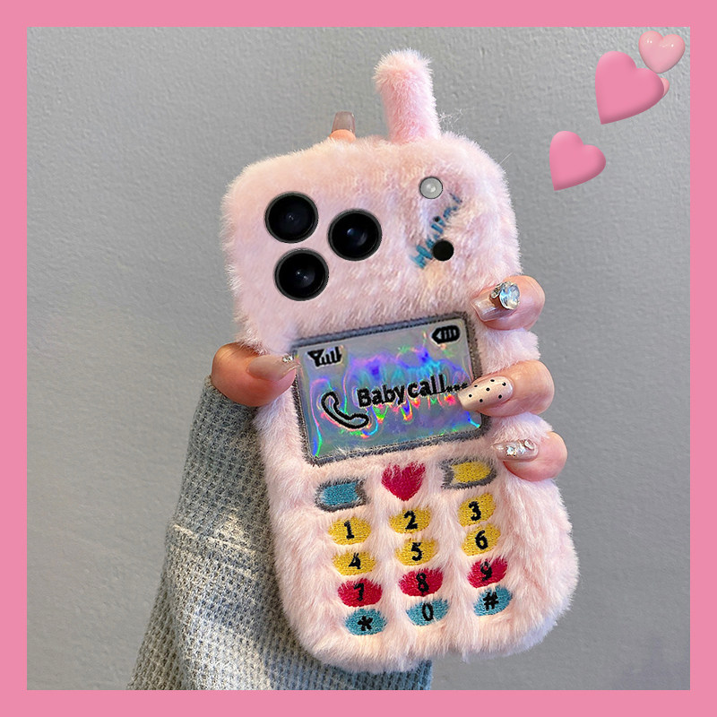 手机壳秋冬毛绒刺绣大哥大电话机带手链