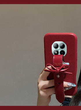 立体蝴蝶结腕带适用小米红米note15pro+手机壳noto14新年13马年12turbo红色11t简约10por仿皮皮纹5g十redmi女