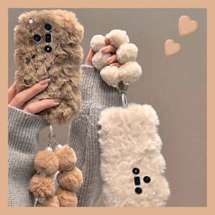 简约秋冬毛绒适用oppok13s手机壳k13turbopro波浪纹k12plus带k11x挂链findx8s+保暖x7ultra暖手x6女k9s十oppo