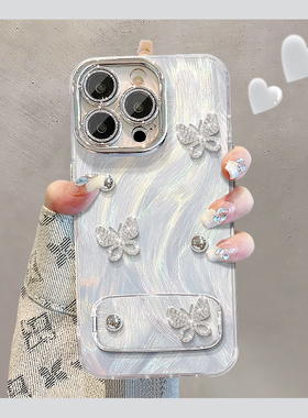 适用苹果16手机壳小米15华为pura70立体mate60pro珍珠nova13荣耀400蝴蝶vivos20水钻x200带镜子opporeno13女p