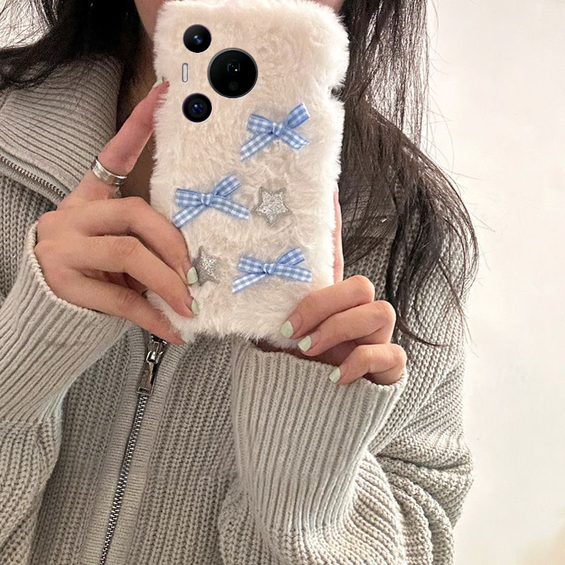 手机壳秋冬毛绒毛茸茸ins风格子星星蝴蝶结