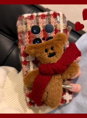 秋冬毛绒格纹适用vivox200ultra手机壳x100s卡通x9plus绒布x60小熊x90pro+红色x80条纹t2x毛绒款x21i十vivo女