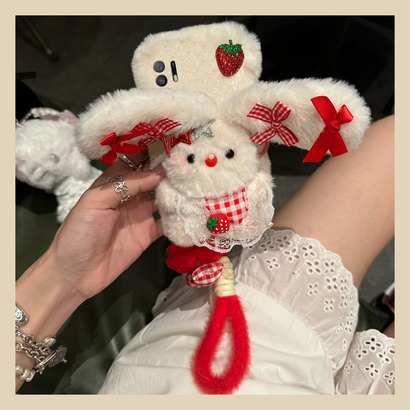 手机壳秋冬毛绒卡通蝴蝶结长耳朵兔子带手绳