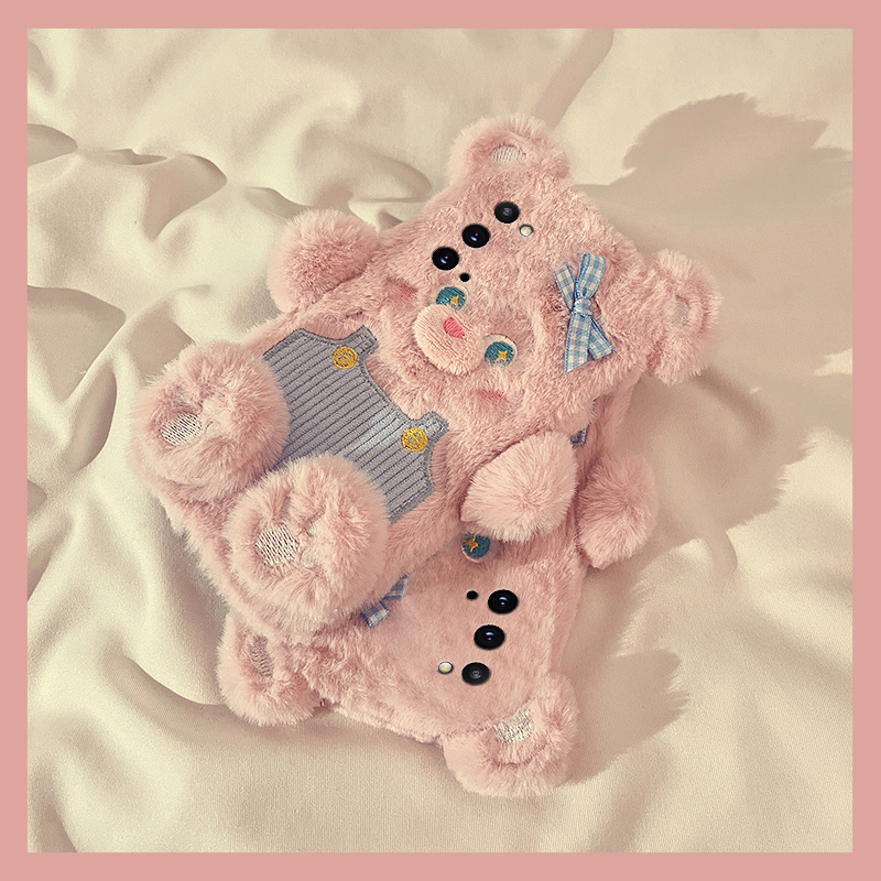 手机壳秋冬毛绒可爱卡通背带裤小熊