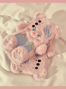 毛绒背带裤小熊适用三星a53手机壳f52秋冬a8s毛茸茸a71卡通a51可爱a31粉色a90a80a60少女a50s毛毛a70s/a30a20