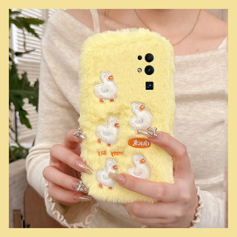 手机壳秋冬毛绒可爱卡通毛茸茸刺绣小鸭子