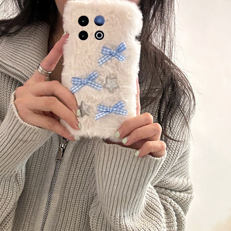 手机壳秋冬毛绒毛茸茸ins风格子星星蝴蝶结