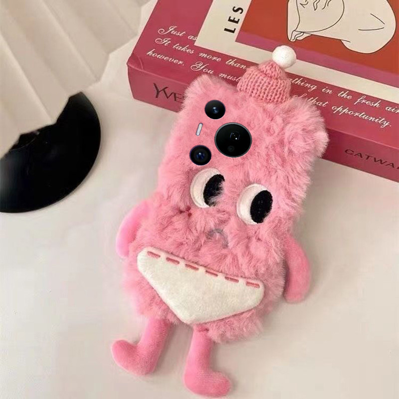 适用华为pura80手机壳p50pro+粉色小人p40por毛茸茸70毛绒绒p60art冬季p20刺绣ultra秋冬p50e女p60e十卡通p30