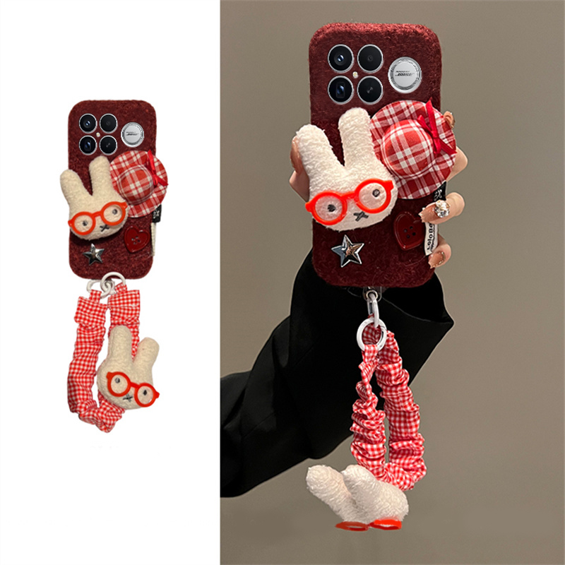 手机壳秋冬绒布红色卡通帽子米菲兔挂件手链