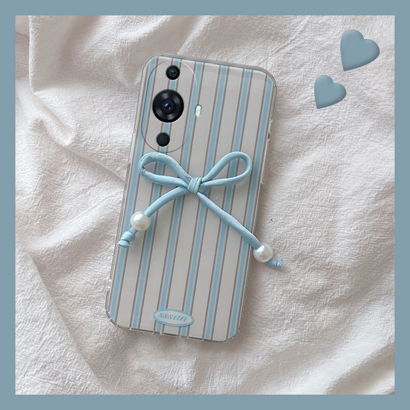 手机壳硅胶韩系简约蓝色线条立体珍珠蝴蝶结