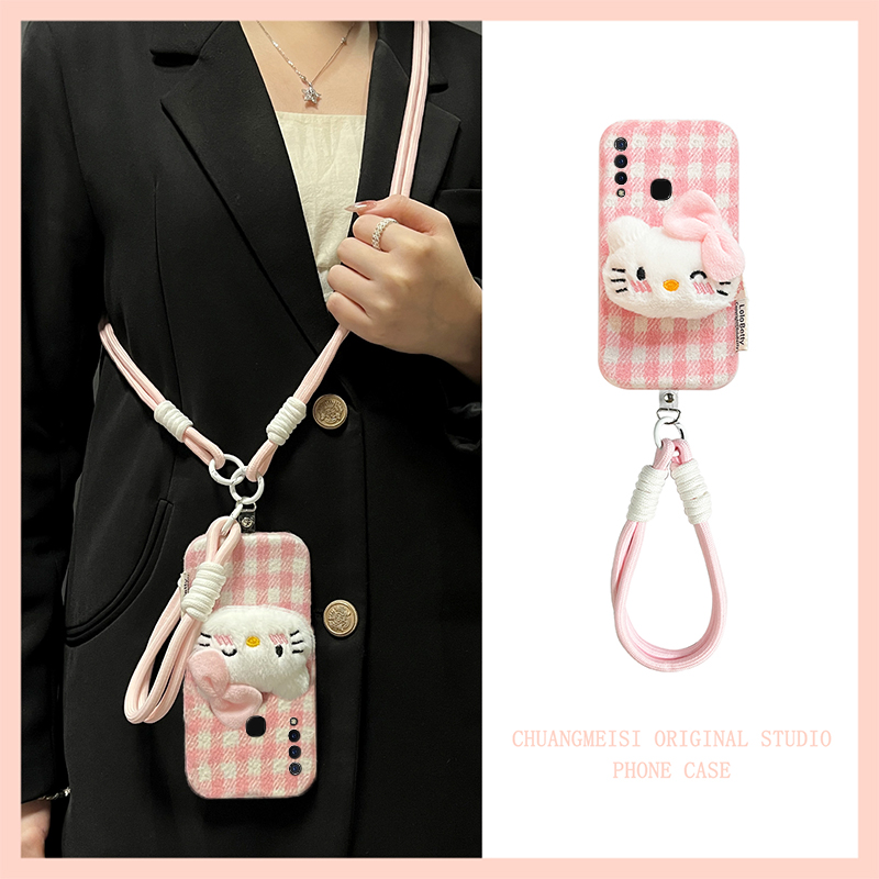 适用vivoy3手机壳y5s格子kt猫y7s可斜挎y9s毛绒绒u3x绒布z6挂绳z5x可爱z3i秋天z1冬季vivo秋冬y3冬天vivi新款