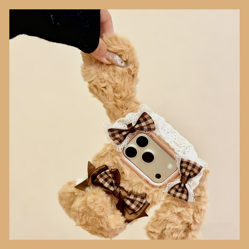 手机壳秋冬毛绒卡通格子蝴蝶结蕾丝兔子耳朵