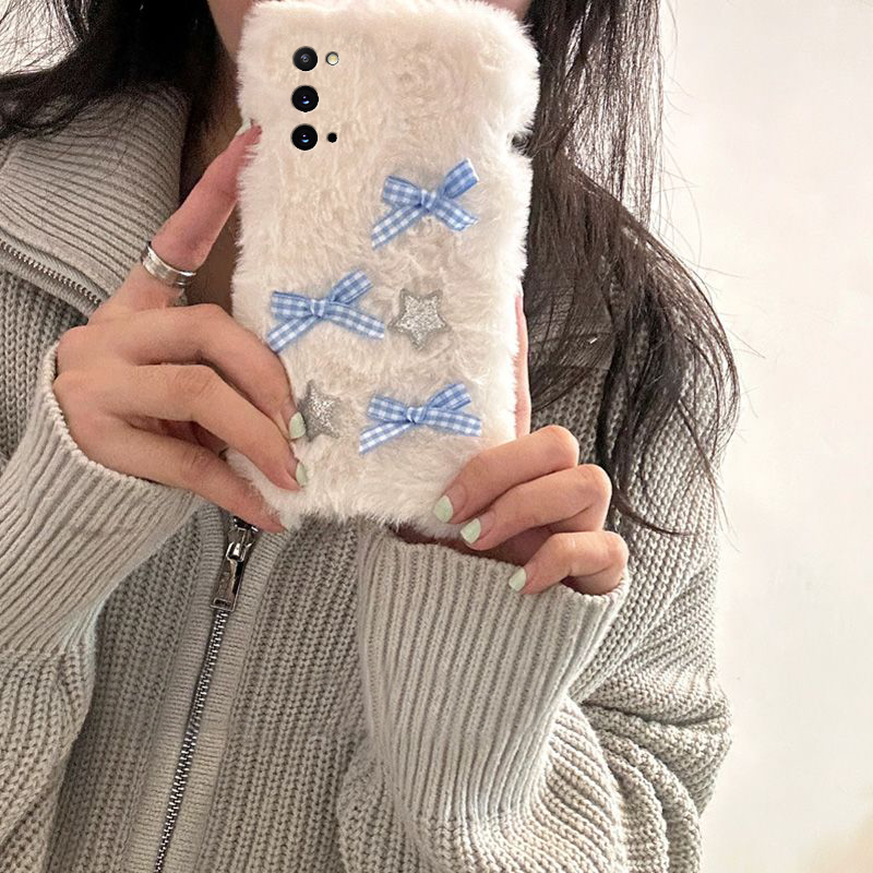 手机壳秋冬毛绒毛茸茸ins风格子星星蝴蝶结