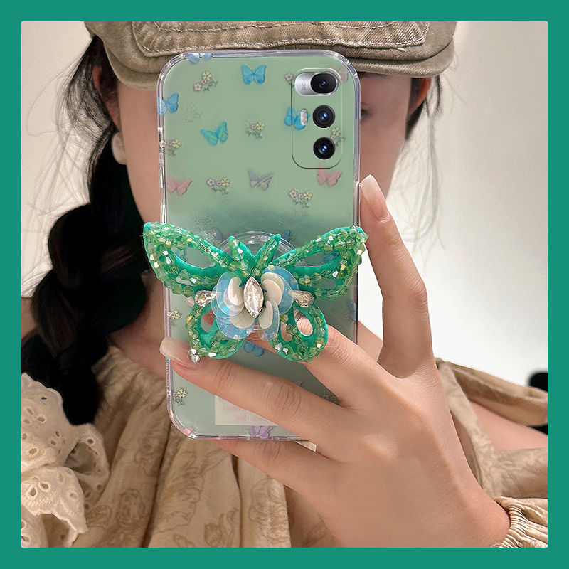 手机壳硅胶韩系立体水钻绿色蝴蝶支架