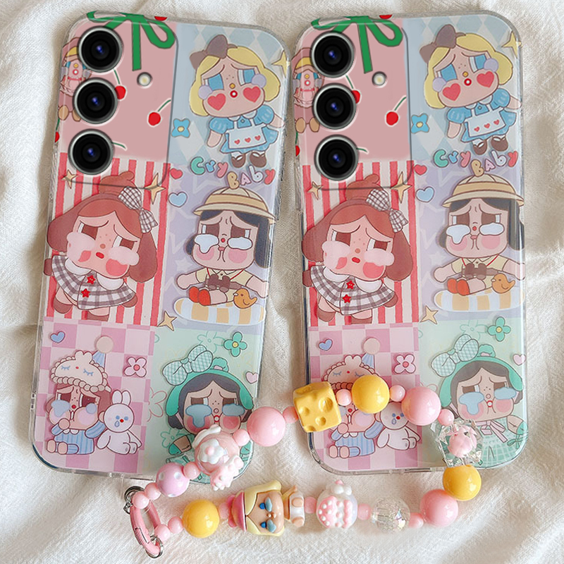 手机壳硅胶卡通丑萌拼色格子哭娃带手链