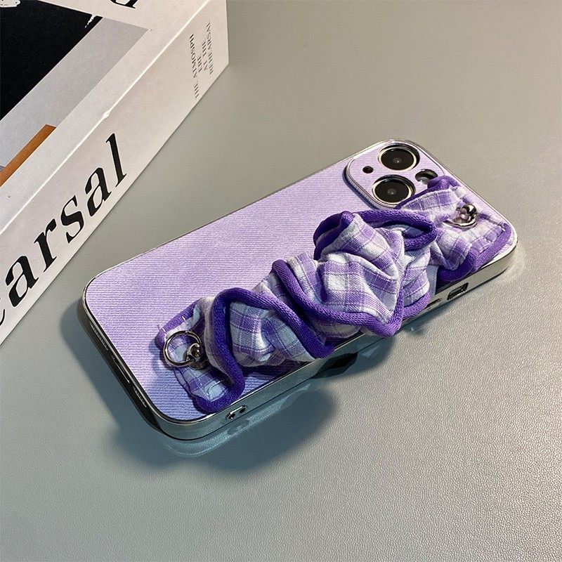 手机壳硅胶紫色皱纹腕带斜跨挂绳
