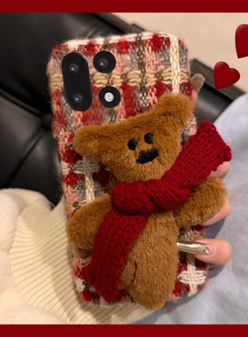 秋冬毛绒格纹适用oppo一加ace6手机壳1+15卡通0pp0绒布小熊十oneplus红色十五条纹毛绒款立体毛茸茸冬天保暖p