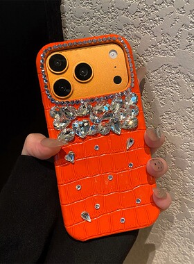 橙色格子鳄鱼纹适用小米红米note15pro+手机壳noto14s立体13r奢华12turbo水钻turbo4闪钻11t仿皮3十redmi皮纹
