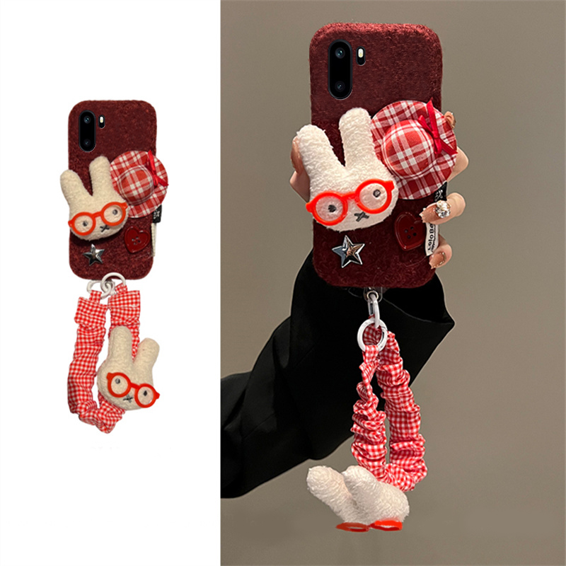 手机壳秋冬绒布红色卡通帽子米菲兔挂件手链