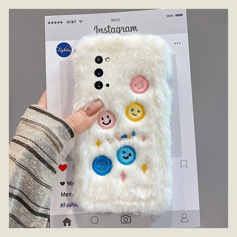 手机壳秋冬毛绒ins风刺绣彩色笑脸