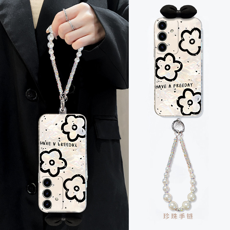 手机壳贝壳纹ins风花朵立体蝴蝶结带手链