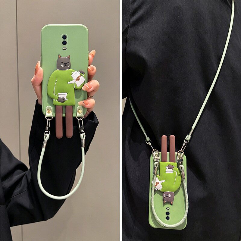 长腿折叠咖啡猫咪支架适用oppor15x手机壳r17pro卡通r15梦境版带r11splus斜挎r9splus挂绳r11可爱r9s立体oppo