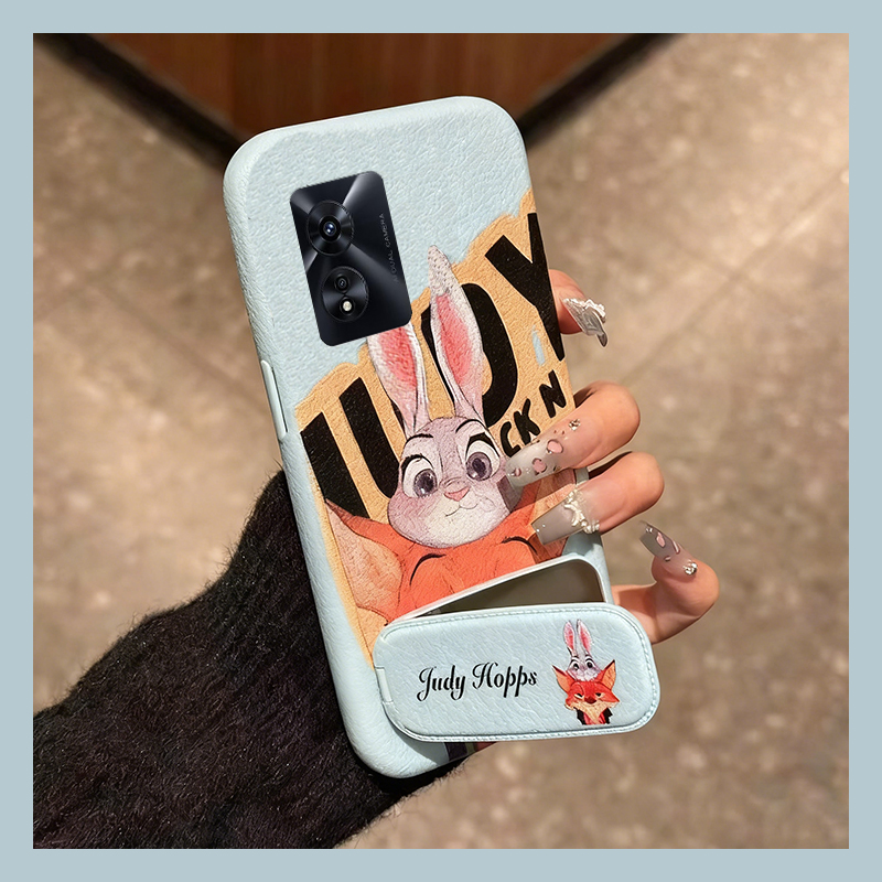 手机壳仿皮皮纹卡通情侣朱迪尼克带镜子支架