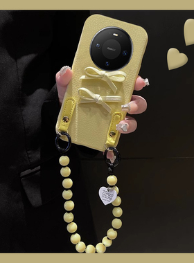 适用华为mate80手机壳mete80pro可斜挎80promax皮纹立体80por+蝴蝶结带挂绳挂链黄色十huawei韩系新款防摔女p