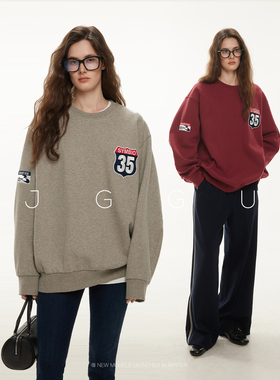 晶咕黑标JGGU【优等生】美式刺绣薄绒圆领长袖卫衣女2025冬季上衣