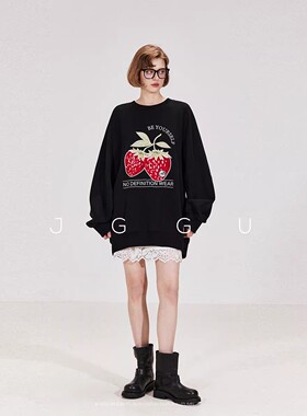 晶咕黑标JGGU【甜心草莓】复古落肩休闲重工草莓刺绣宽松卫衣