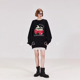 晶咕黑标JGGU【甜心草莓】复古落肩休闲重工草莓刺绣宽松卫衣