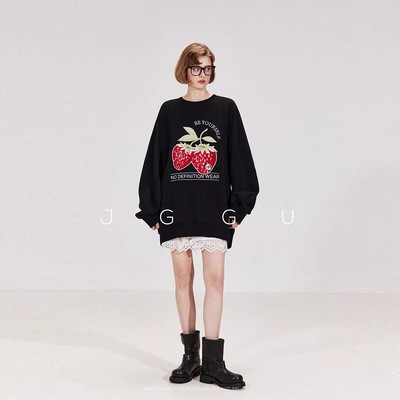 晶咕黑标JGGU【甜心草莓】复古落肩休闲重工草莓刺绣宽松卫衣