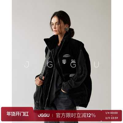 晶咕黑标JGGU【旧街召唤】全棉复古灯芯绒面料刺绣羽绒马甲女秋冬