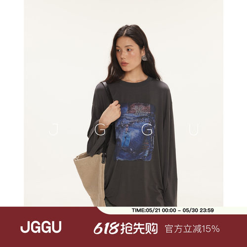 晶咕黑标JGGU【丹宁旧梦】莱赛尔混纺美式印花长袖T恤女秋季上衣