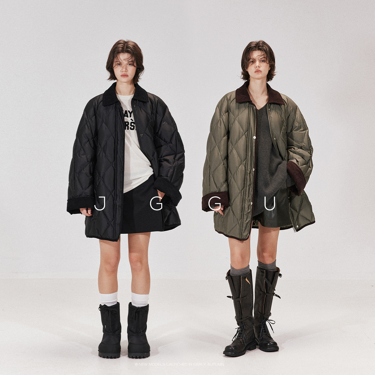 90白鸭绒轻工装风菱格压线羽绒服